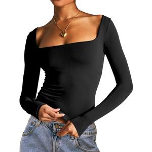 Dwnval Long Sleeve Shirts for Women - Basic Slim Fit Double Lined Square Neck Crop T Shirt (Large, Black)