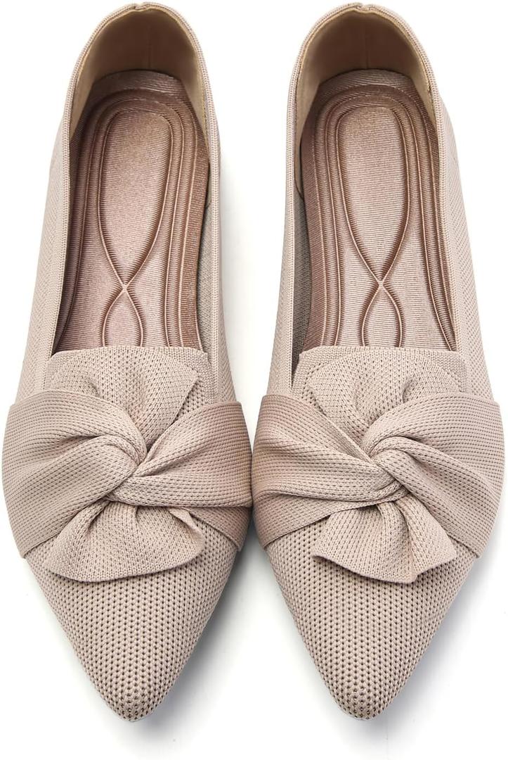 HIULYCENCE Flats for Womens Pointed Toe Ballet Flats with Bow Comfortable Knit Dressy Flats (7, Beige)
