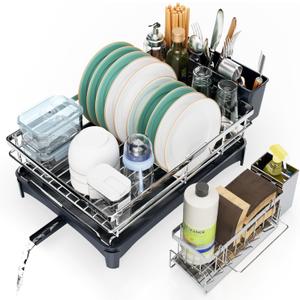 Dish Drying Rack, 304 Stainless Steel Dish Racks for Kitchen Counter with Cutlery Holder & Sponge Holder, Large Dish Drainer with Removable Drainboard, 11.8''W x 16.7''L (Stainless Steel)