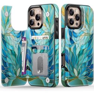 FUNMIKO for iPhone 16 Pro Wallet Case with Card Holder, RFID-Blocking, Military-Grade Protection & UV-Printed Artwork, Magnetic Closure with Leather Kickstand - Sleek Cyan Leaf