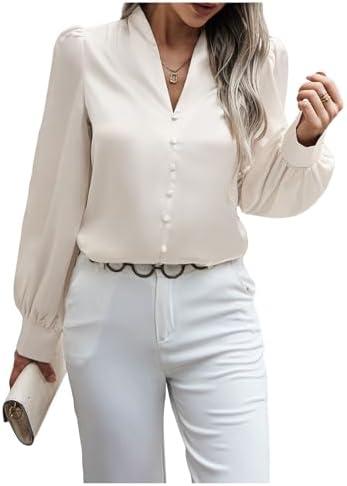SweatyRocks Women's Casual Loose V Neck Shirts Puff Long Sleeve Office Work Blouses Tops M