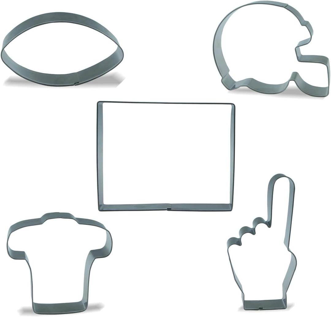 Keewah Football Cookie Cutter Set - Football, Football Helmet, Football Field, T-Shirt, Foam Finger - 5 Piece - Stainless Steel