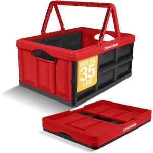 CleverMade Collapsible Shopping Basket 32L Folding Grocery Basket with Handles, Stackable Reusable Storage Crate with 35 lb Capacity, Recycled Plastic, Car Trunk Organizer - Red