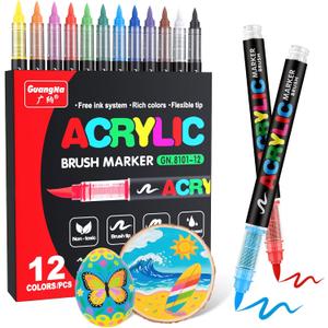 Guangna Acrylic Paint Markers Brush Tip, 12 Vivid Colors with Direct-Liquid Ink System, Professional-Grade Paint Pen for Rock Painting, Canvas, Glass, Plastic, Fabric Pumpkin Painting Decorating Kit (Multicolor)