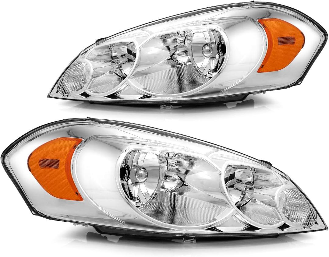 ELH Headlight Assembly Fit For 2006-2013 06-13 Chevy Impala / 2014-2016 14-16 Chevy Impala Limited / 2006-2007 06-07 Chevy Monte Carlo Headlamp Chrome Housing Amber Reflector (Left Side and Right Side)