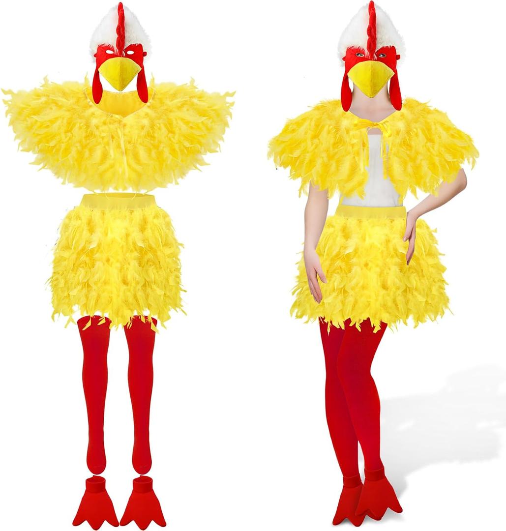 Liitrsh 5 Pcs Halloween Chicken Costume Women Adult Rooster Hat Feather Cape Skirt Outfits Accessory Kit (X-Large, Yellow)