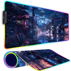 RGB Gaming Mouse Pad, Large Mousepad with Led Light, Gaming Accessories Keyboard Pad for Desk, Non-Slip Rubber Base Big Mouse Mat for Gamer, 31.5 X 11.8 Inch, Japanese Streets