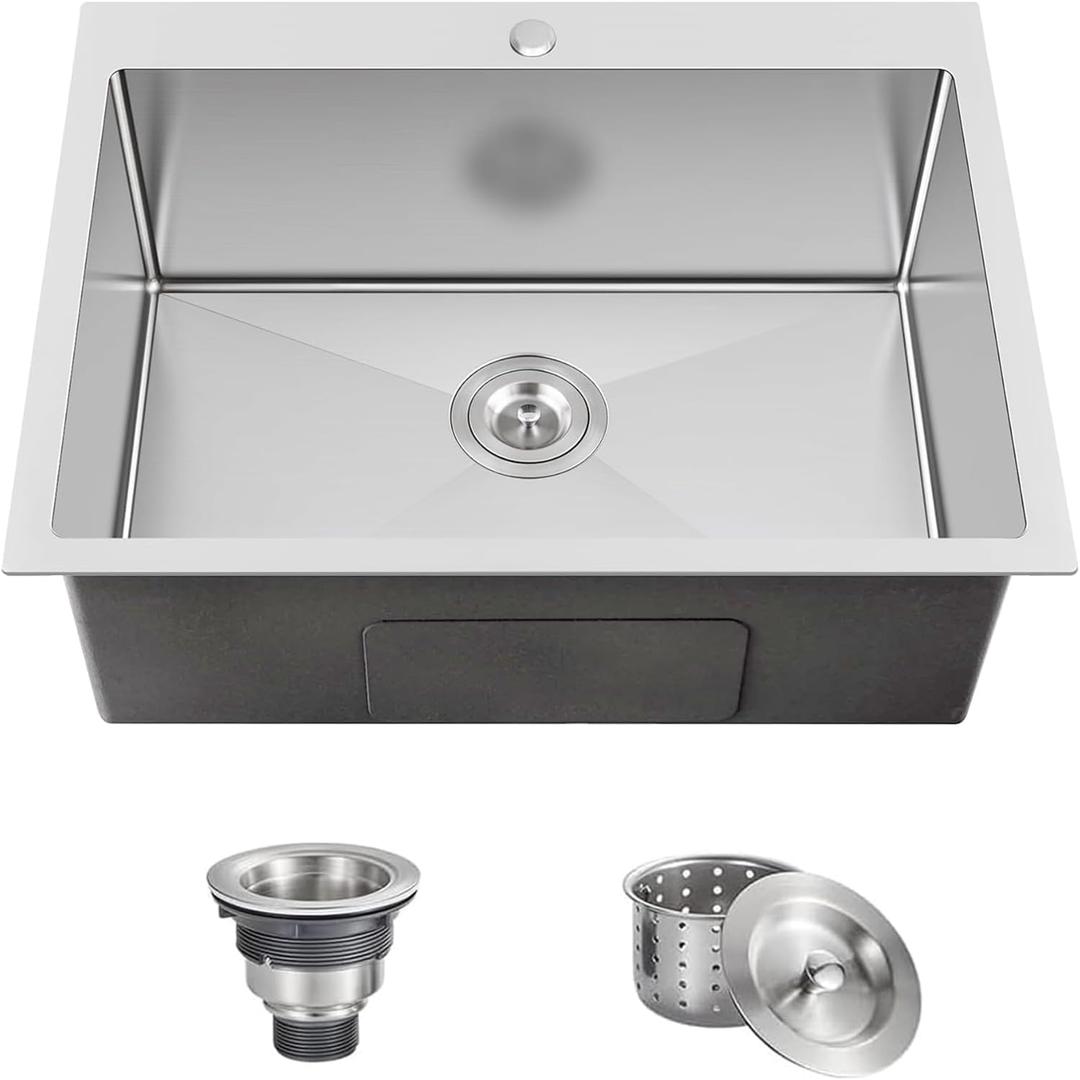 25x18 Inch Kitchen Sink Drop In, Topmount Kitchen Sink Stainless Steel Square Small Sinks, Single Bowl Kitchen Sinks For Laundry RV Office Outdoor Yard with Basket Strainer, 25''X18''X9''