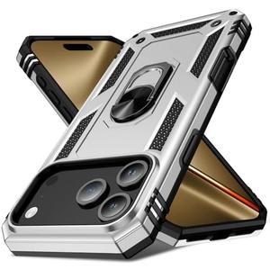 Korecase 17 Pro Phone Cases with 360° Rotating Metal Ring Holder [Heavy Duty Shockproof Armor] Military Grade Protective for iPhone 17 Pro Case Silver