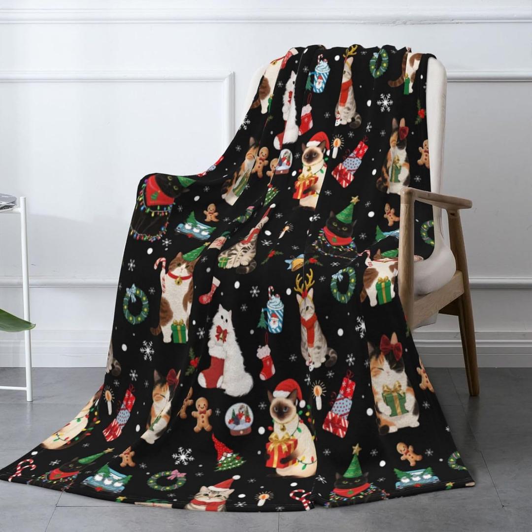 Christmas Cats Fuzzy Fleece Blanket, Soft Cozy Throw Blankets for Couch, Bed, Sofa, for Boys Girls Kids, Cat Lovers 50"x40" (White9)