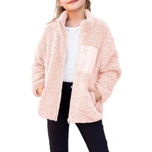 Arshiner Girls Fleece Jacket Sherpa Fall Winter Full Zip Fuzzy Coat Outwear with Pockets (7-8 Years, Pink)