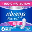 Always Discreet Adult Incontinence Pads for Women, Drier, 4 Drop Long Length, Moderate Absorbency, Pads for Bladder Control Management, Bladder Leaks, & Postpartum Pads, 162ct