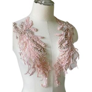 Beaded Applique, Flower Sequin Patch, Pink Lace Applique for DIY Neckline Wedding Bridal Prom Dresses Costumes 14.1x4.9 inches 1 Pair (Pink)