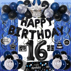 16 Birthday Decorations for Boys, Sweet 16 Party Decorations Happy 16th Birthday Decorations Boy Girls, Blue 16 Year Old Balloons, Tablecloth, Foil Curtains, Large Number 16 Balloon 16th Bday for Son