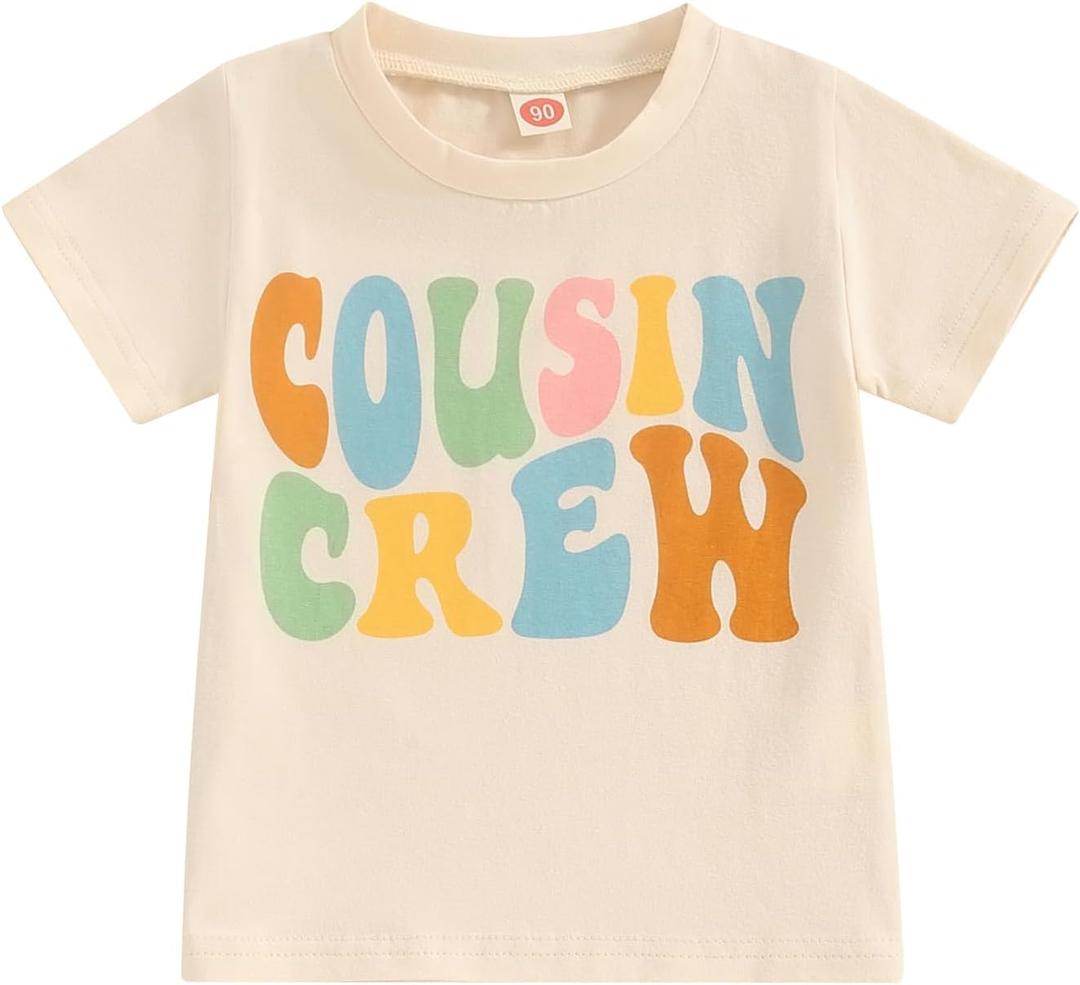 Sibling Matching Outfits for Kids Little Girl Boy Short Sleeve Cousin Crew Shirt Colorful Print Summer Clothes (Beige)