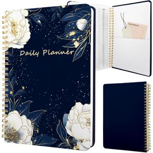Undated Daily Planner - Spiral Notebook 80 Days One Day Per Page, Hourly Schedule, To-Do List, Notes, Everyday Planning Task, A5 Hardcover Journal Organizer Book Women Cute Aesthetic, Flower (Blue White Flower)