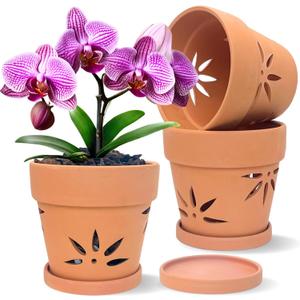 Handmade 3 Pack 6 inch Terracotta Orchid Pots with Holes and Saucers, Clay Orchid Planter Pots for Repotting, Small Terra Cotta Vase, Ceramic Plant Flower Pot Indoor Outdoor