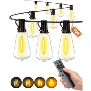 VOZUJI Outdoor Patio String Lights: 100Ft 30M Outside Waterproof Light - Remote Dimmable ST38 Shatterproof Bulb Connectable Hanging Outdoor Electric Lighting - Backyard Yard Gazebo Porch Party
