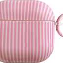 Pink and White Striped case for AirPods 4th | Chic Kawaii Cute Aesthetic Vertical Stripes with Keychain Design | Classic Retro Girly Slim Shockproof Protection Cover | Girly Gift for Women