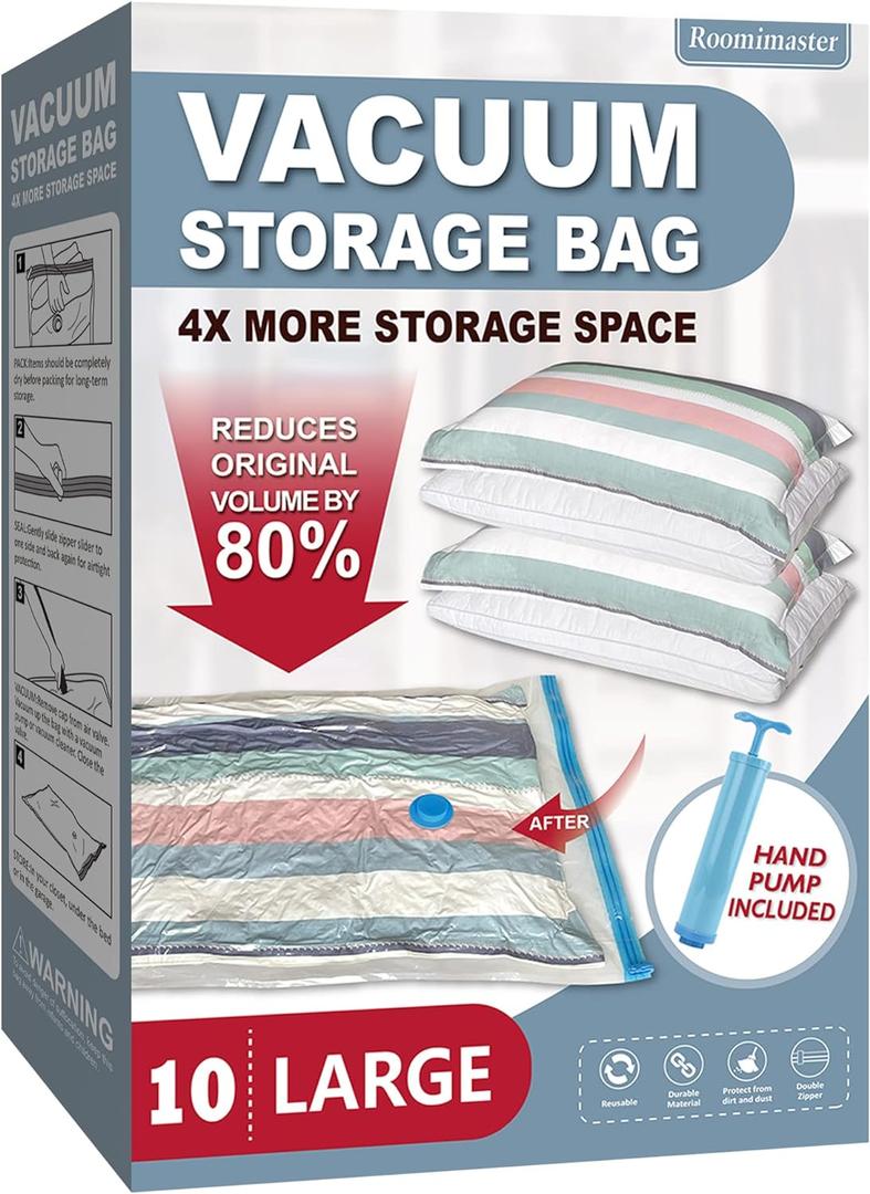 10 Large Vacuum Storage Bags with Hand Pump, Large Vacuum Seal Bags for Clothing, Space Saver Bags for Travel Lugggage, Blankets, Comforters (10 Large)