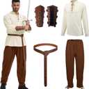4 Pcs Men's Renaissance Costume Set Medieval Pirate Costume men Shirt and Pants Viking Costume Accessory L
