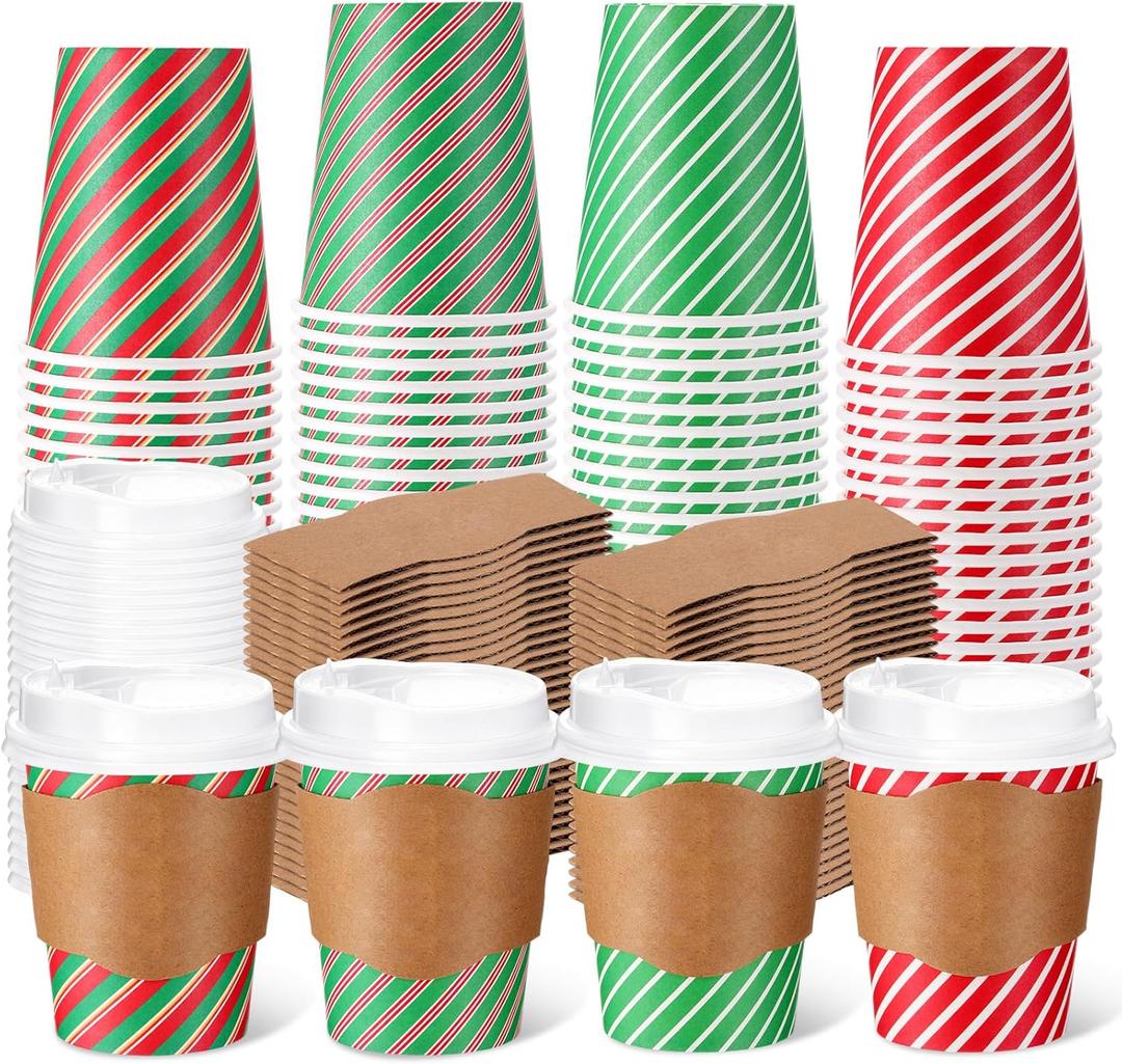 Mimorou 100 Pcs 8oz Fall Plaid Disposable Coffee Cups with Lids and Sleeves Autumn Thanksgiving Coffee Paper Cups for Cold Hot Drinks Fall Thanksgiving Party Supplies (Striped Style)