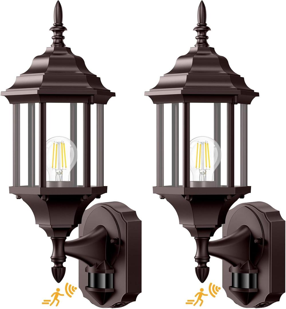 Redluck Motion Sensor Outdoor Lights, 2 Pack 16 inch Dusk to Dawn Outside Porch Lights, Waterproof Anti-Rust Outdoor Wall Lights Exterior Lighting Fixtures for House, Front Door, Brown