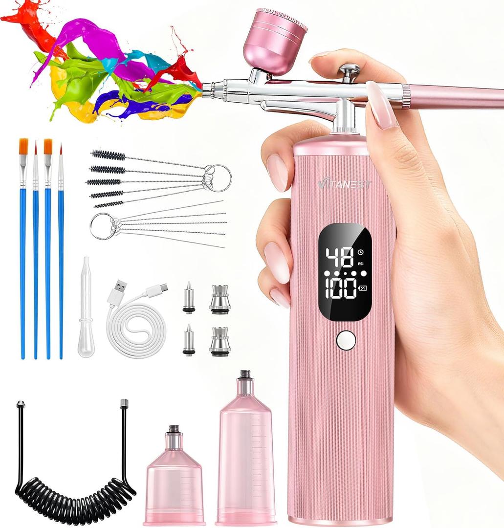 VITANEST Airbrush Kit with Compressor 48PSI Handheld Air Brush Set Rechargeable Portable Airbrush for Nail, Painting, Modeling, Makeup, Cake Decor, Cookie, Art, DIY Crafts (Pink)