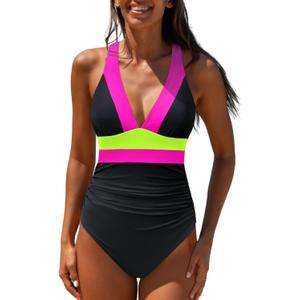 popvil One Piece Swimsuit Women 2025 Tummy Control Neon Color Block Bathing Suit Deep Vneck Tie Back Swim Suits Beach, Black Pink, X-Large