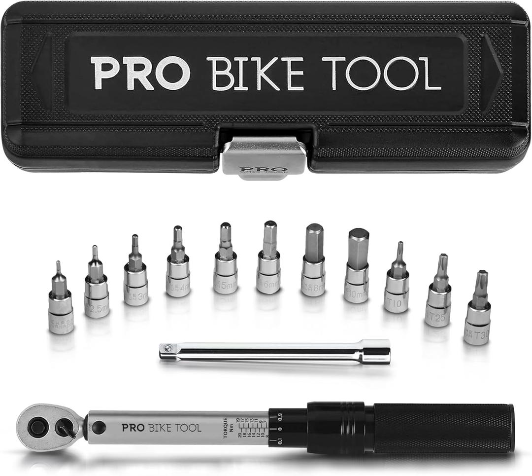 PRO BIKE TOOL 1/4 Inch Drive Click Bicycle Torque Wrench Set  2 to 20 Nm  Maintenance Kit for Road and Mountain Bikes - Includes Allen and Torx Screws, Extension Bar and Storage Box - ISO Certified (Silver)