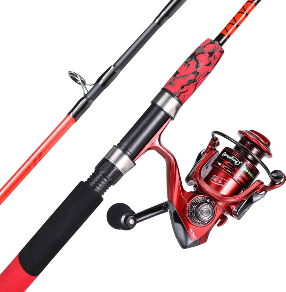 Sougayilang Spinning Reel and 2-Piece Fishing Rod Combo, Durable Graphite & Fiberglass Rod, Split-Grip Cork Handle,Right/Left Handle Position