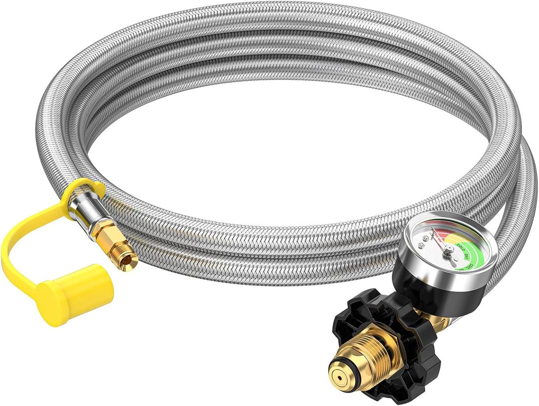 6ft Propane Tank Hose Extension with Gauge, POL x 1/4" Inverted Male Flare, Braided Supply Propane Tank Pigtail Hose, for 5-100lb Propane Tank Connection Extend a Stay RV Propane Kit, Dual Regulator