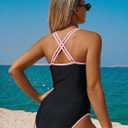 ZAFUL Women's Petal Cut Out One Piece Swimsuit Colorblock V Neck Dual Straps Crisscross Backless Bathing Suit (Black, M)