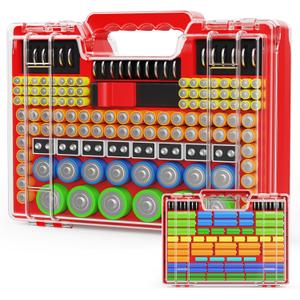 Battery Organizer Storage Holder Box Case with Tester, Stores & Protects Up to 260 Batteries, Double-Clear Locking Lid, Holds AA AAA C D and More (Not Includes Battery Pack) - Red