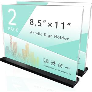 Acrylic Sign Holder 8.5 x 11 Plastic Sign Holder, 2 Pack, T Shape Clear Table Top Holders, Double Sided Paper Desktop Display Stand, Horizontal Ad Frames, Flyer Document, for Store, Office, Horizontal