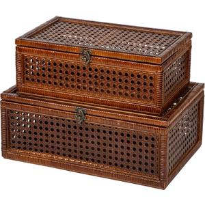 Handwoven Rattan Storage Boxes Set of 2, Decorative Wooden Wicker Chest with Lids and Latches, Vintage Boho Storage Trunks for Living Room, Bedroom, Home Decor