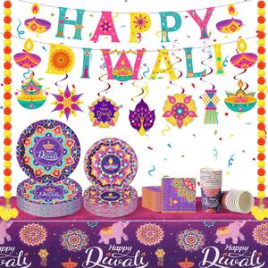Bokon 121 Pcs Happy Diwali Decorations Diwali Party Tableware Set for 24 Guests Deepawali Lights Festival Tableware Tablecloth Banner Hanging Decorations Swirls Marigold Garland for India Deepawali