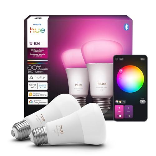 Philips Hue Smart LED A19 Bulb 2-Pack, White Color Ambiance, E26 Base, 7.2W, Full Spectrum Light 1000K-20000K, 810 Lumens, Dimmable, Works with Alexa, Google,& Apple Home