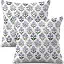 Green Purple Block Print Pillow Covers 18x18 Inch Set of 2 | White Linen Decorative Rustic Boho Throw Pillow Cases, Double-Sided Vintage Floral Printed Cushion Covers for Home Decor