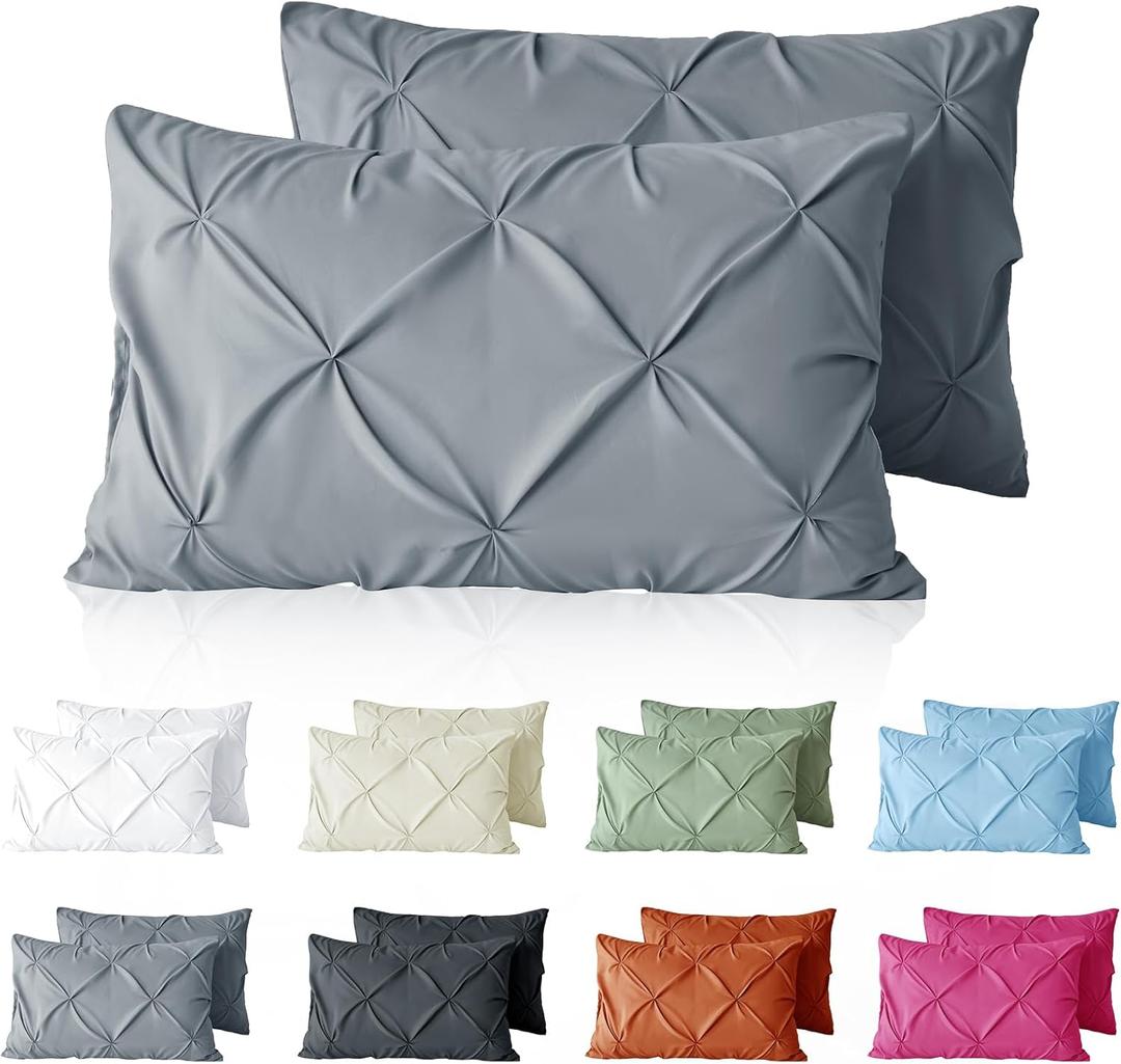 VACVELT Pintuck Pillow Cases Queen Size Set of 2, Light Gray Pillow Shams Decorative Pillowcases with Envelope Closure, Pinch Pleated Microfiber Pillowcases, Wrinkle and Stain Resistant