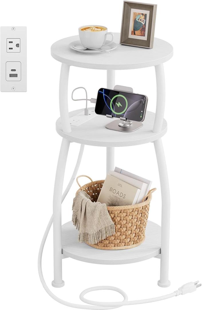 Round Side Table with Power Outlet & USB Ports, 3-Tier End Table with Storage Shelf, Modern Rustic Nightstand, Small Spaces Accent Table for Living Room Bedroom, Easy Assembly, White