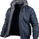 CREATMO US Men's Faux Leather Jacket Motorcycle Jacket Waterproof Windproof PU Moto Vintage Bomber Hoodie with Removable Hood (Navy)