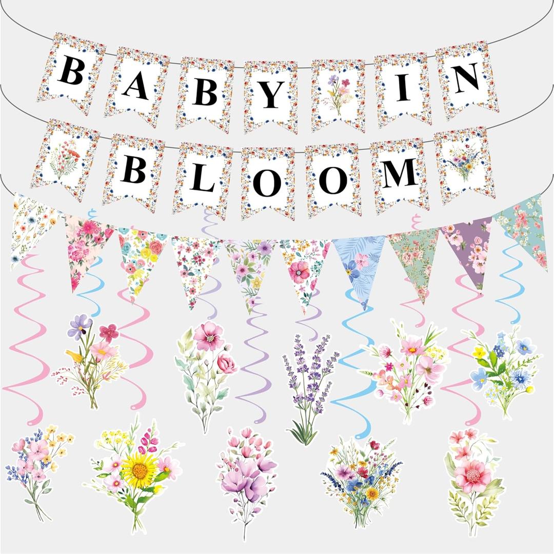 Floral Baby Shower Gender Reveal Decorations,Baby in Bloom Banner,with Wildflower Hanging Swirls,for Neutral Baby Boy Girl Shower Party Decor Supplies