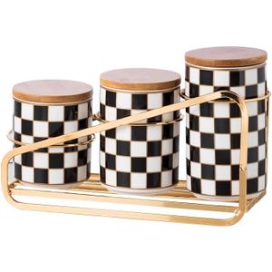 Kitchen Countertop Ceramic Canisters Set, 3Pcs Grid Pattern Kitchen Jars with Layered Shelves, Sealed Countertop Flour and Sugar Containers, Coffee and Tea Storage