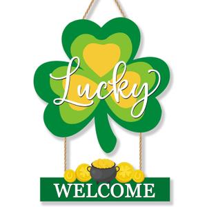 St. Patrick's Day Decoration Welcome Hanging Shamrock Door Wreath for Front Door Sign Wall Signs Shamrock Clover Spring Decor Irish Sign for Home Decor Party Outdoor Indoor Wooden 12 inch