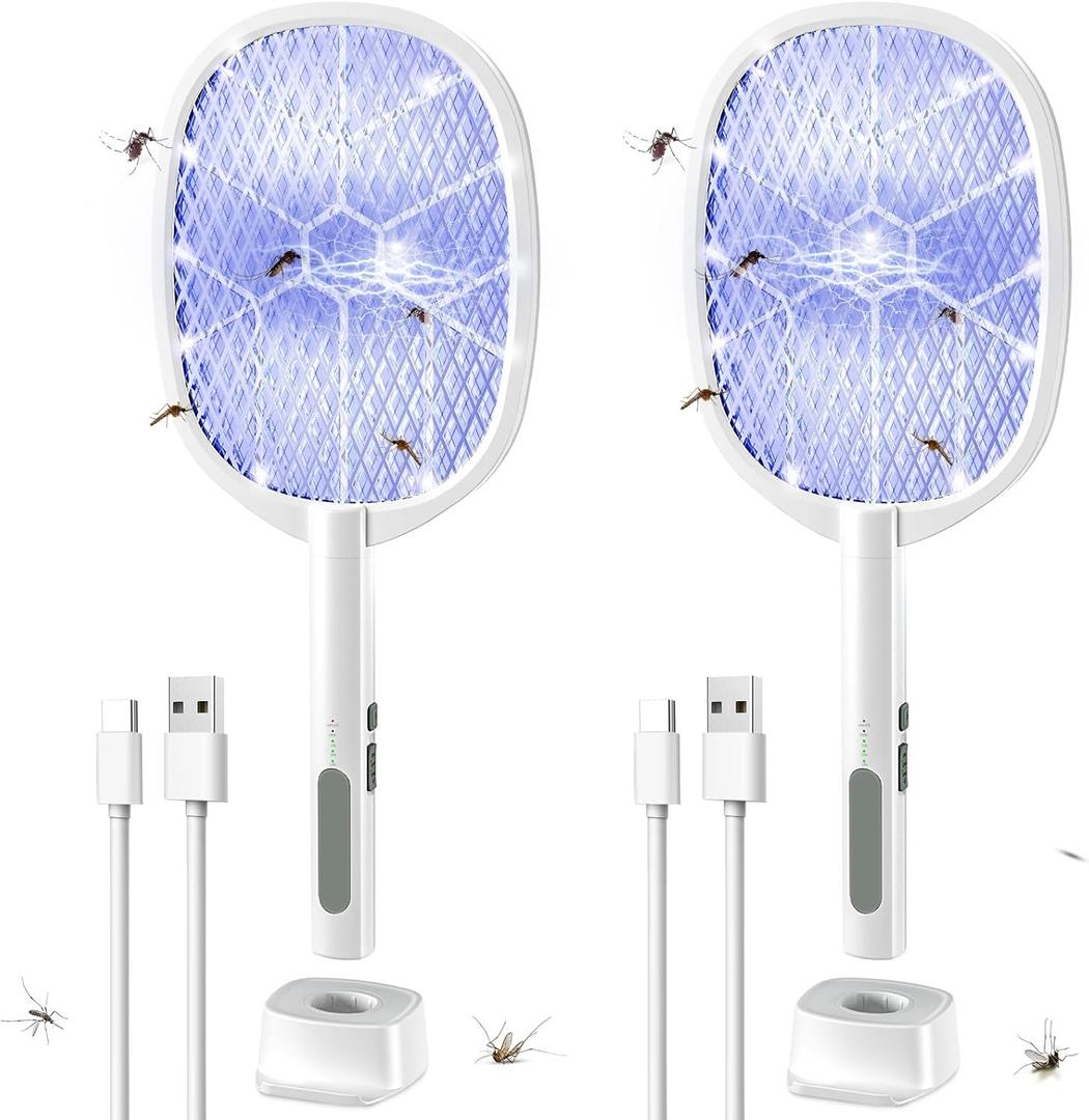 2PACK Electric Fly Swatter,4000V Bug Zapper Racket,2 in 1 Mosquito Zapper Racket with 1200ml Battery Rechargeable Purple Mosquito Killer Lamp with 3 Layers Safety Net Suitable for Indoor and Outdoor