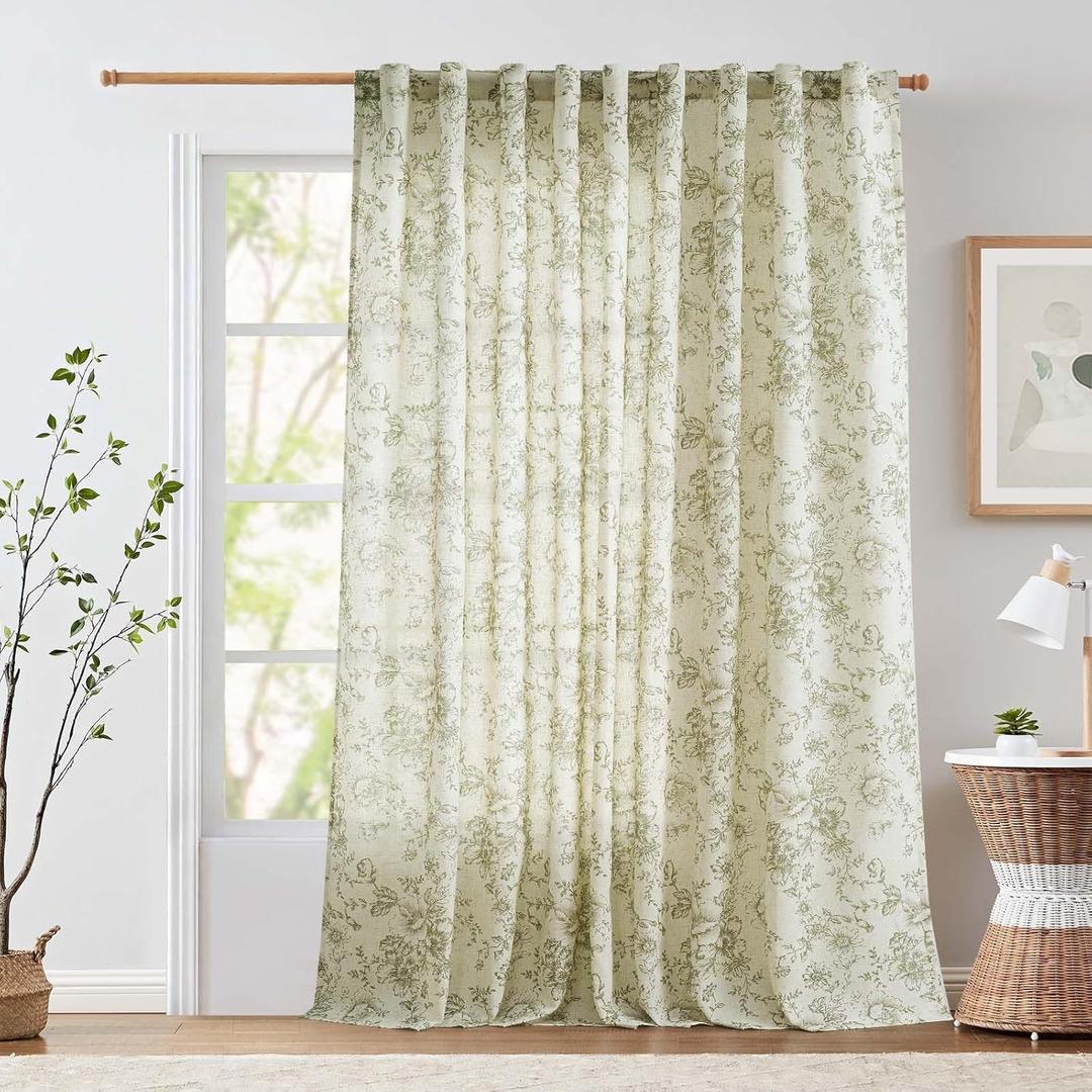 jinchan Linen Floral Curtains Extra Wide for Patio Sliding Glass Door Room Divider Curtain for Living Room 96 Inch Length Farmhouse Peony Green Printed Curtain Set 1 Panel