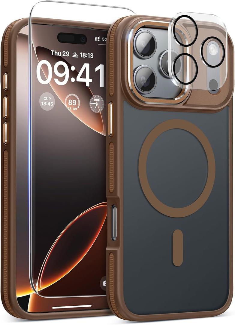Magnetic 3 in 1 for iPhone 17 Pro Max Case, [Omni-Directional Protection] with 1x Screen Protector + 1x Camera Cover, [Seamless Work with Magsafe] Protective Silm Case for iPhone 17 Pro Max Brown