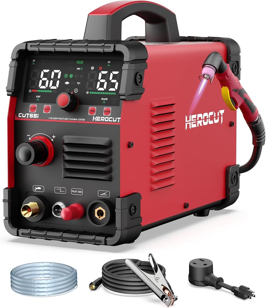 Plasma Cutter, 65Amps HEROCUT Plasma Cutter Machine CUT65i, Non-Touch Pilot Arc, 110/220V Dual Voltage IGBT Inverter, Screen Display, Air Sensor, 20mm Max Cutting Thickness, 2T/4T for Beginners DIY