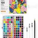 Grabie® 100 Colors Watercolor Paint Set - 50 Regular, 35 Metallic, 10 Macaron and 5 Fluorescent Colors - Portable with Carrying Case, Water Brush Pens, and Accessories - For Beginners and Professionals